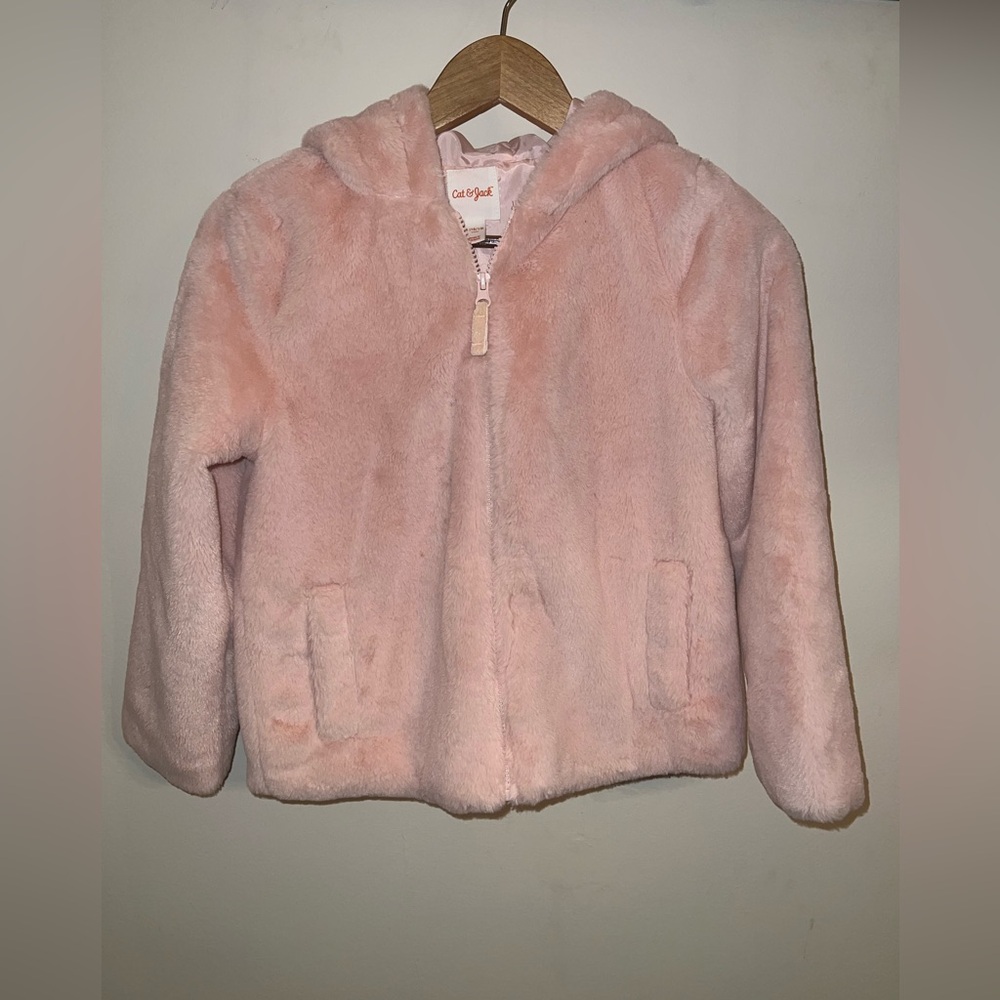 Cat & Jack Girls Light Pink Faux Fur Jacket with Hoodie Size Large (10-12)